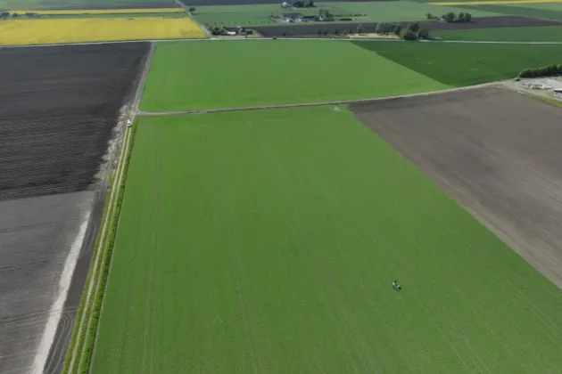 An agricultural landscape with fields and a barn. Photo.