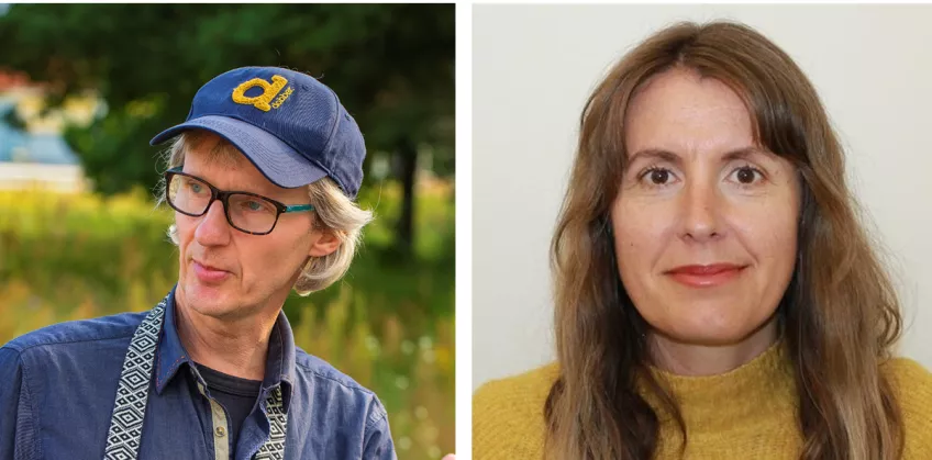 Two pictures of human faces. One man with short, grey hair, glasses and a blue hat. One woman with long brown hair, red lips and a yellow sweater.